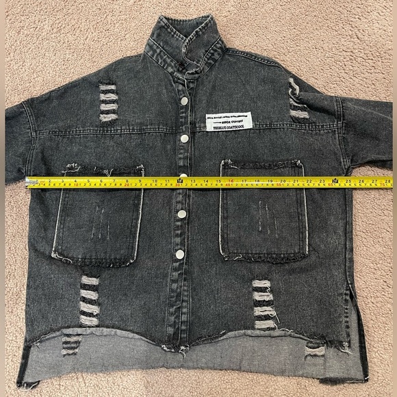 FBYDLL Drop Shoulder Ripped Denim Distresses  Jacket Retro Y2k - Picture 4 of 10